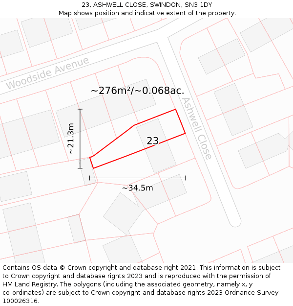 23, ASHWELL CLOSE, SWINDON, SN3 1DY: Plot and title map