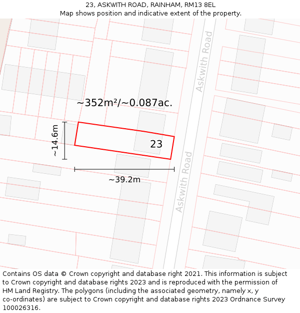 23, ASKWITH ROAD, RAINHAM, RM13 8EL: Plot and title map