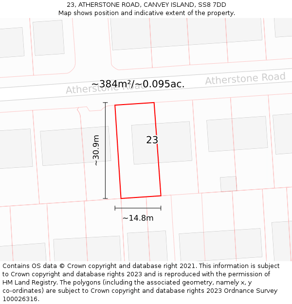 23, ATHERSTONE ROAD, CANVEY ISLAND, SS8 7DD: Plot and title map