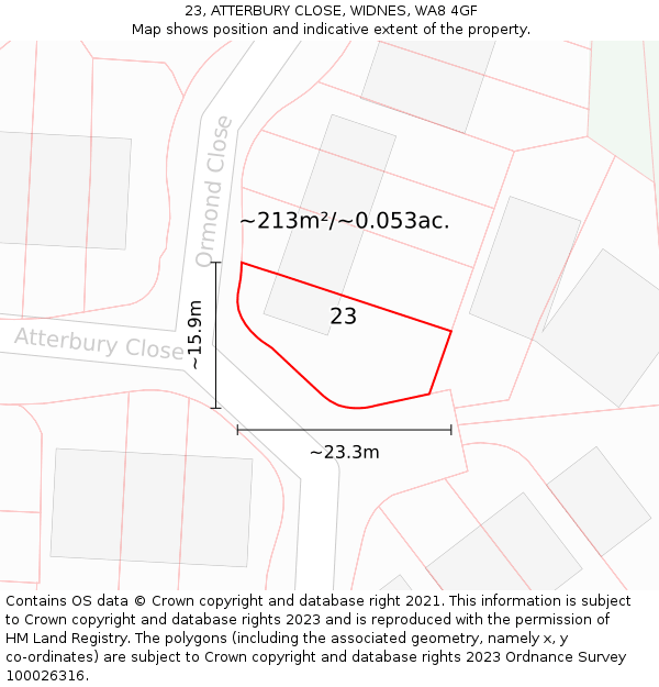 23, ATTERBURY CLOSE, WIDNES, WA8 4GF: Plot and title map