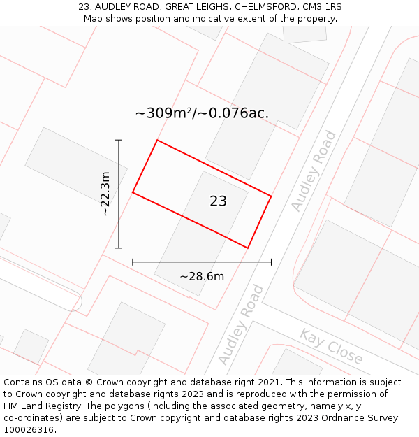 23, AUDLEY ROAD, GREAT LEIGHS, CHELMSFORD, CM3 1RS: Plot and title map
