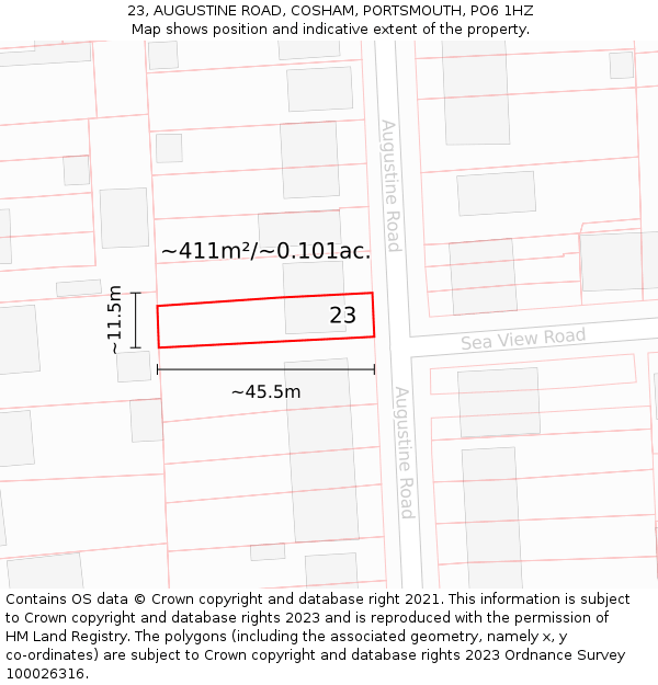 23, AUGUSTINE ROAD, COSHAM, PORTSMOUTH, PO6 1HZ: Plot and title map