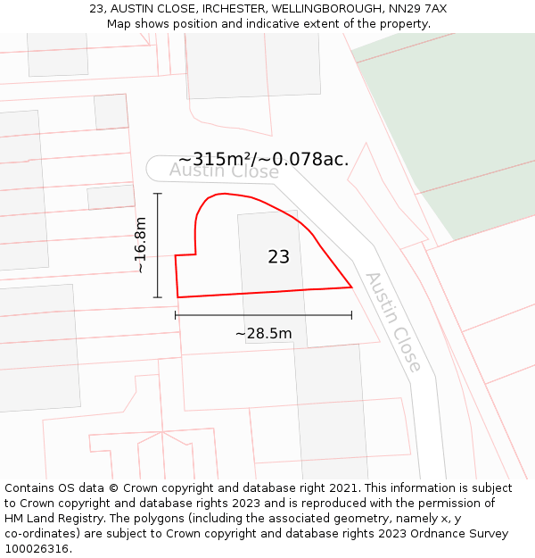 23, AUSTIN CLOSE, IRCHESTER, WELLINGBOROUGH, NN29 7AX: Plot and title map