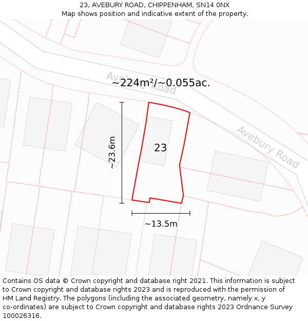 23, AVEBURY ROAD, CHIPPENHAM, SN14 0NX: Plot and title map