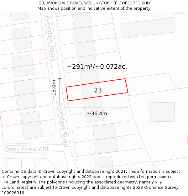 23, AVONDALE ROAD, WELLINGTON, TELFORD, TF1 2HD: Plot and title map