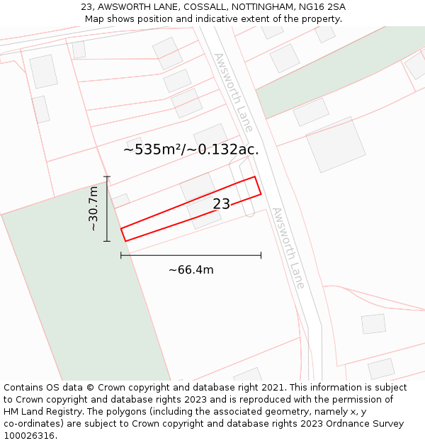 23, AWSWORTH LANE, COSSALL, NOTTINGHAM, NG16 2SA: Plot and title map
