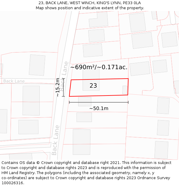 23, BACK LANE, WEST WINCH, KING'S LYNN, PE33 0LA: Plot and title map