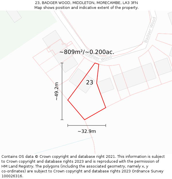 23, BADGER WOOD, MIDDLETON, MORECAMBE, LA3 3FN: Plot and title map