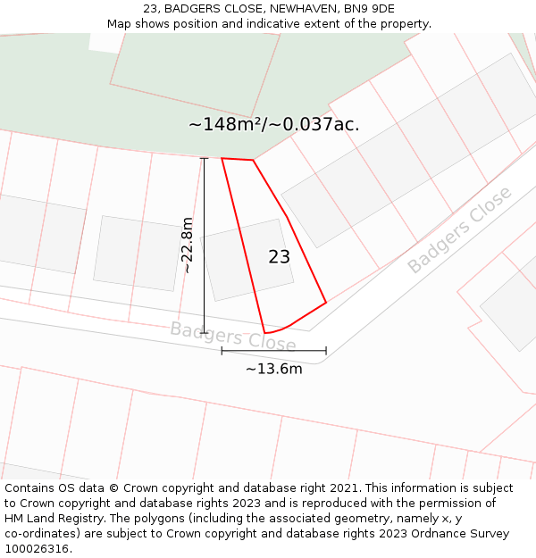 23, BADGERS CLOSE, NEWHAVEN, BN9 9DE: Plot and title map