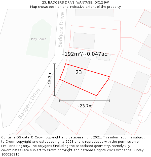 23, BADGERS DRIVE, WANTAGE, OX12 9WJ: Plot and title map