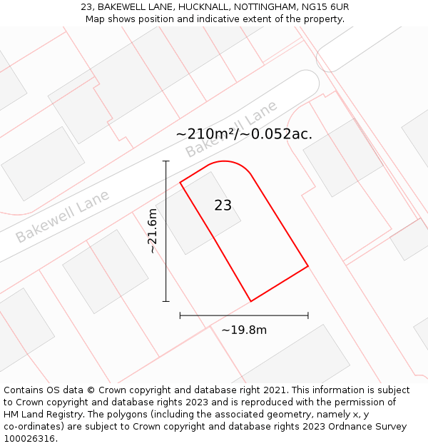 23, BAKEWELL LANE, HUCKNALL, NOTTINGHAM, NG15 6UR: Plot and title map