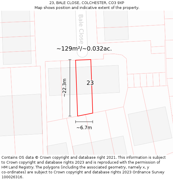 23, BALE CLOSE, COLCHESTER, CO3 9XP: Plot and title map
