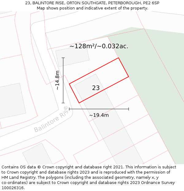 23, BALINTORE RISE, ORTON SOUTHGATE, PETERBOROUGH, PE2 6SP: Plot and title map