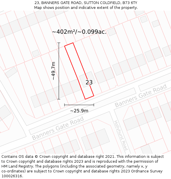 23, BANNERS GATE ROAD, SUTTON COLDFIELD, B73 6TY: Plot and title map