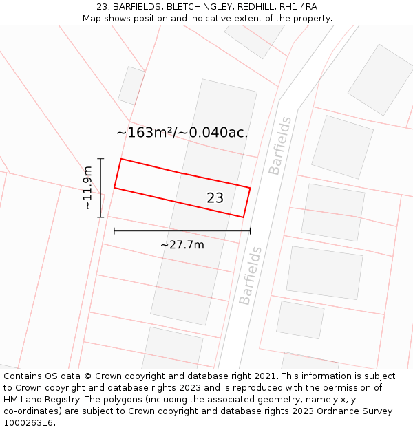 23, BARFIELDS, BLETCHINGLEY, REDHILL, RH1 4RA: Plot and title map