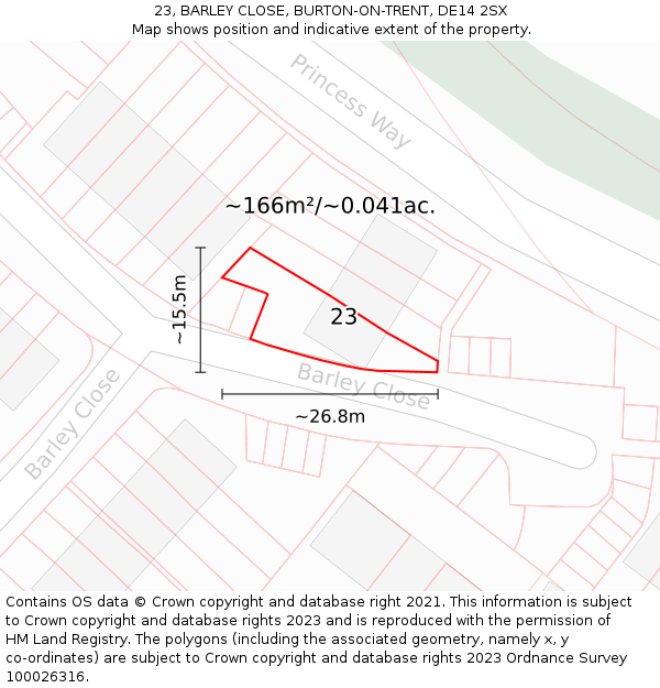 23, BARLEY CLOSE, BURTON-ON-TRENT, DE14 2SX: Plot and title map