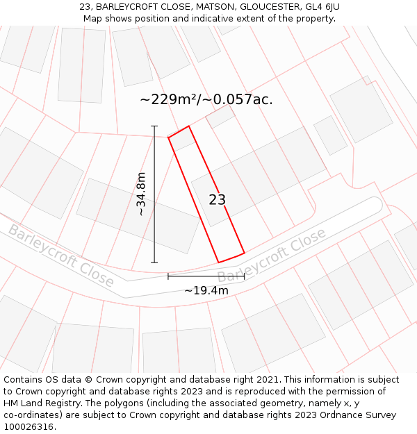 23, BARLEYCROFT CLOSE, MATSON, GLOUCESTER, GL4 6JU: Plot and title map