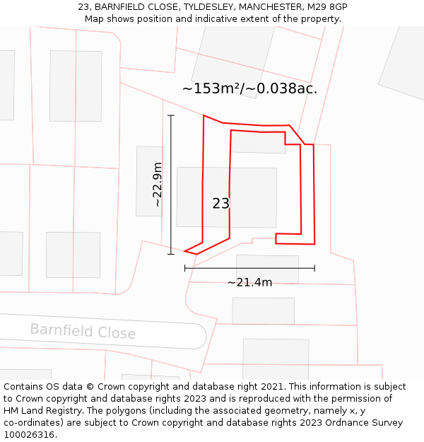 23, BARNFIELD CLOSE, TYLDESLEY, MANCHESTER, M29 8GP: Plot and title map