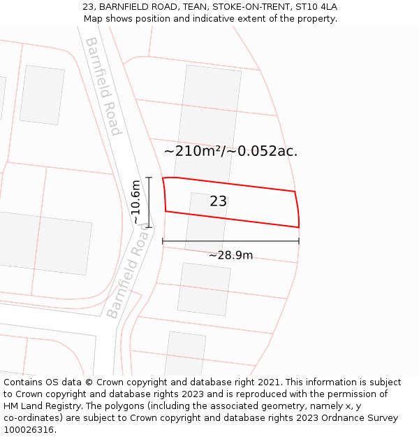 23, BARNFIELD ROAD, TEAN, STOKE-ON-TRENT, ST10 4LA: Plot and title map