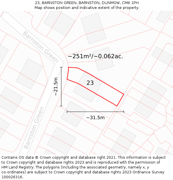 23, BARNSTON GREEN, BARNSTON, DUNMOW, CM6 1PH: Plot and title map