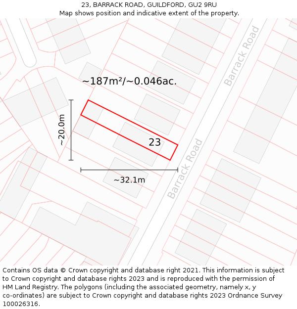 23, BARRACK ROAD, GUILDFORD, GU2 9RU: Plot and title map
