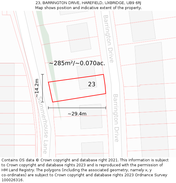 23, BARRINGTON DRIVE, HAREFIELD, UXBRIDGE, UB9 6RJ: Plot and title map