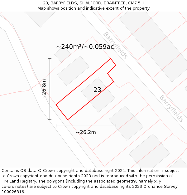 23, BARRYFIELDS, SHALFORD, BRAINTREE, CM7 5HJ: Plot and title map