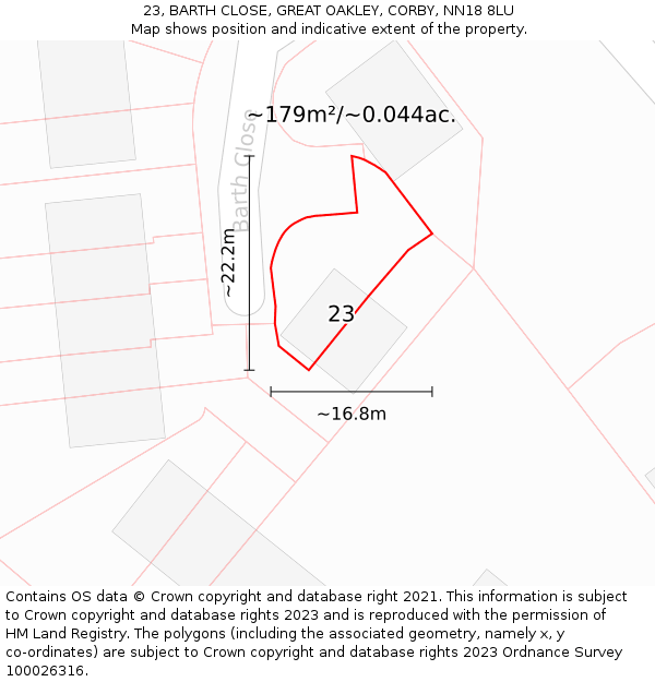 23, BARTH CLOSE, GREAT OAKLEY, CORBY, NN18 8LU: Plot and title map