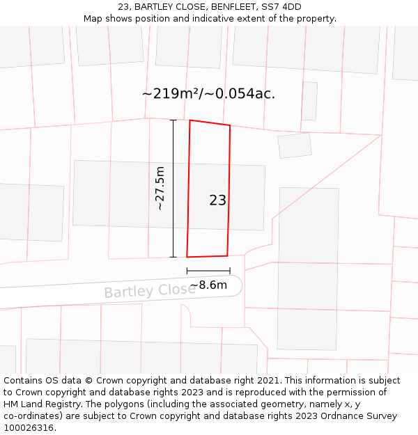 23, BARTLEY CLOSE, BENFLEET, SS7 4DD: Plot and title map