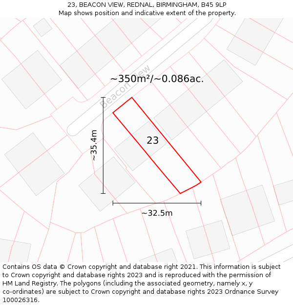 23, BEACON VIEW, REDNAL, BIRMINGHAM, B45 9LP: Plot and title map
