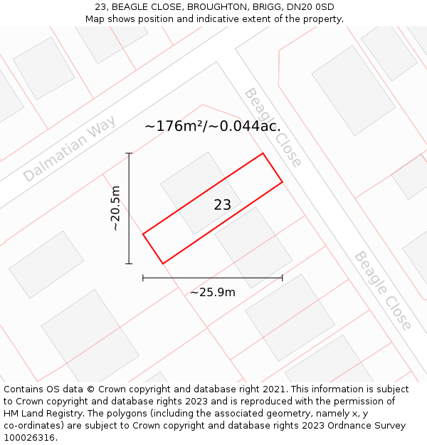 23, BEAGLE CLOSE, BROUGHTON, BRIGG, DN20 0SD: Plot and title map
