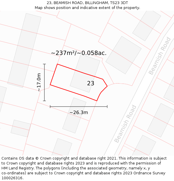 23, BEAMISH ROAD, BILLINGHAM, TS23 3DT: Plot and title map