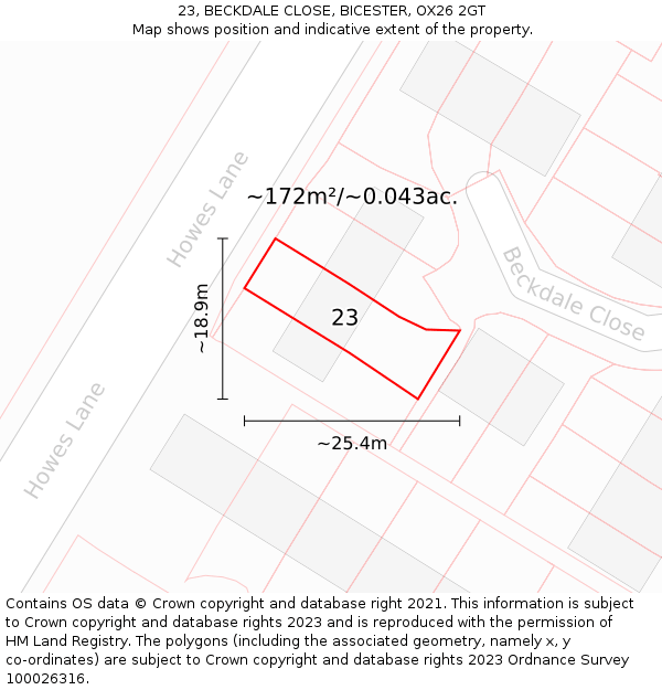 23, BECKDALE CLOSE, BICESTER, OX26 2GT: Plot and title map
