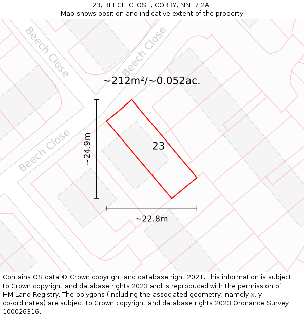 23, BEECH CLOSE, CORBY, NN17 2AF: Plot and title map
