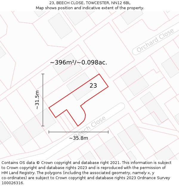 23, BEECH CLOSE, TOWCESTER, NN12 6BL: Plot and title map