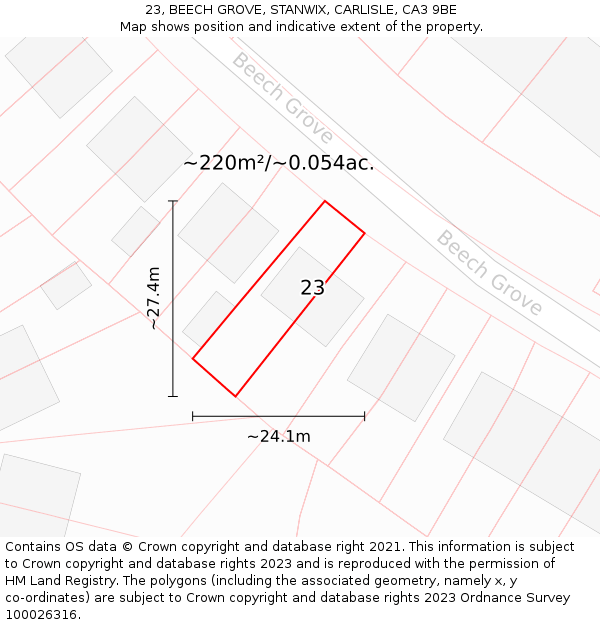 23, BEECH GROVE, STANWIX, CARLISLE, CA3 9BE: Plot and title map