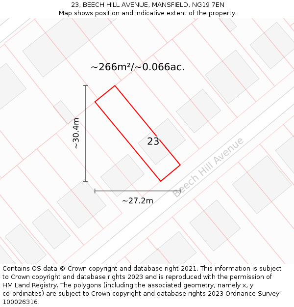 23, BEECH HILL AVENUE, MANSFIELD, NG19 7EN: Plot and title map