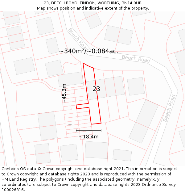 23, BEECH ROAD, FINDON, WORTHING, BN14 0UR: Plot and title map