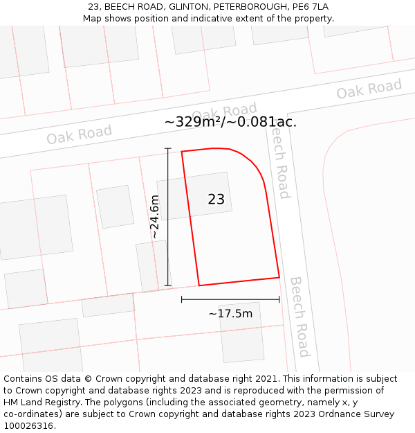 23, BEECH ROAD, GLINTON, PETERBOROUGH, PE6 7LA: Plot and title map