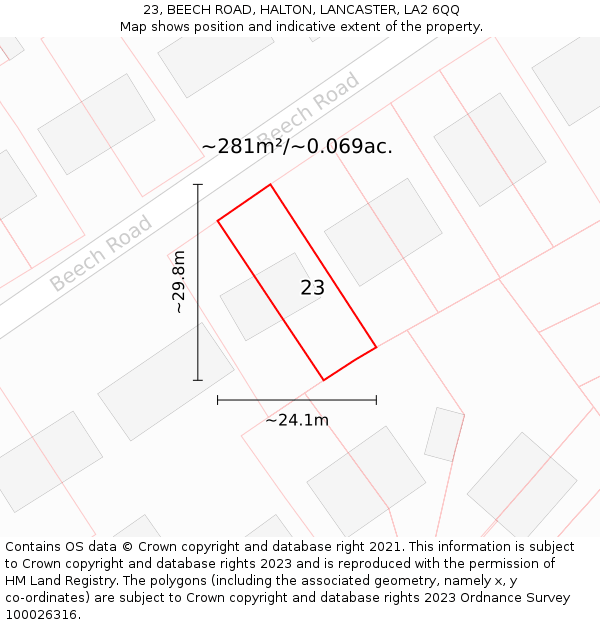 23, BEECH ROAD, HALTON, LANCASTER, LA2 6QQ: Plot and title map
