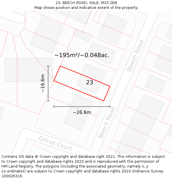 23, BEECH ROAD, SALE, M33 2EB: Plot and title map