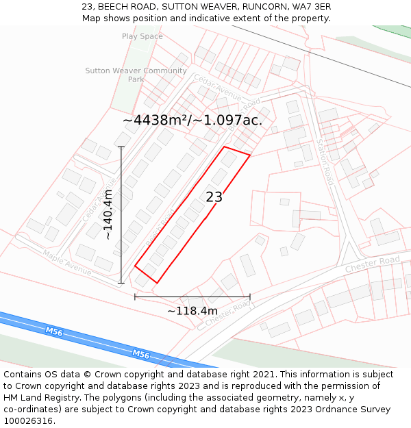 23, BEECH ROAD, SUTTON WEAVER, RUNCORN, WA7 3ER: Plot and title map