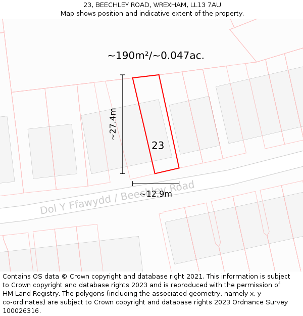 23, BEECHLEY ROAD, WREXHAM, LL13 7AU: Plot and title map