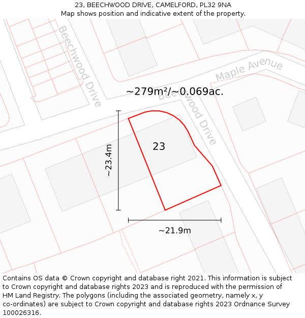 23, BEECHWOOD DRIVE, CAMELFORD, PL32 9NA: Plot and title map