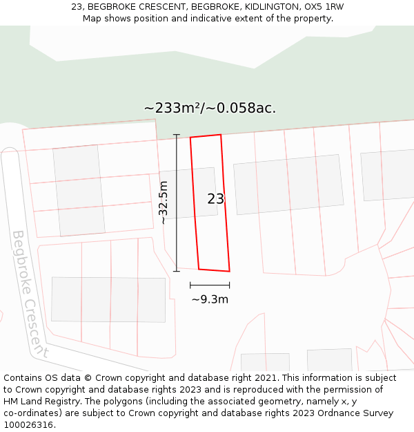 23, BEGBROKE CRESCENT, BEGBROKE, KIDLINGTON, OX5 1RW: Plot and title map