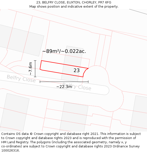 23, BELFRY CLOSE, EUXTON, CHORLEY, PR7 6FG: Plot and title map