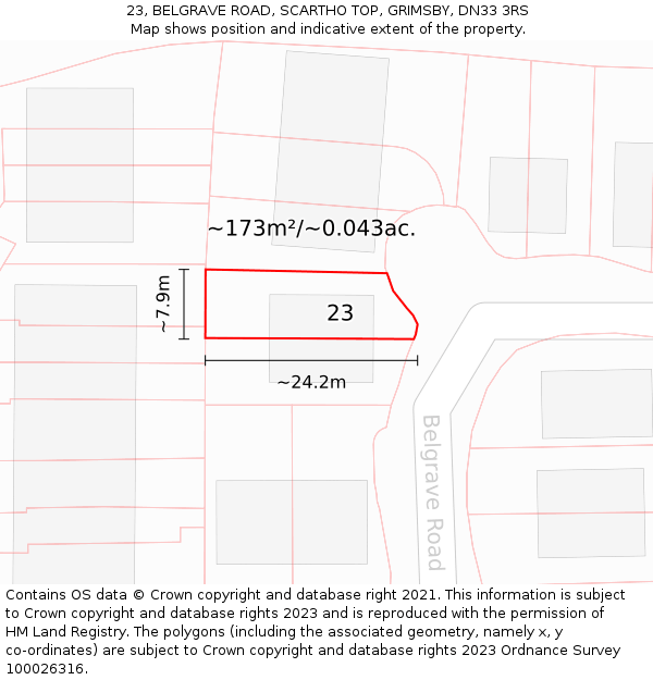 23, BELGRAVE ROAD, SCARTHO TOP, GRIMSBY, DN33 3RS: Plot and title map