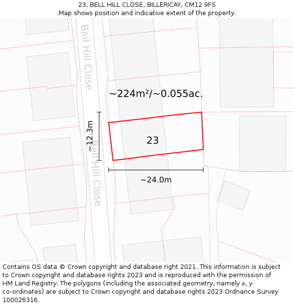 23, BELL HILL CLOSE, BILLERICAY, CM12 9FS: Plot and title map