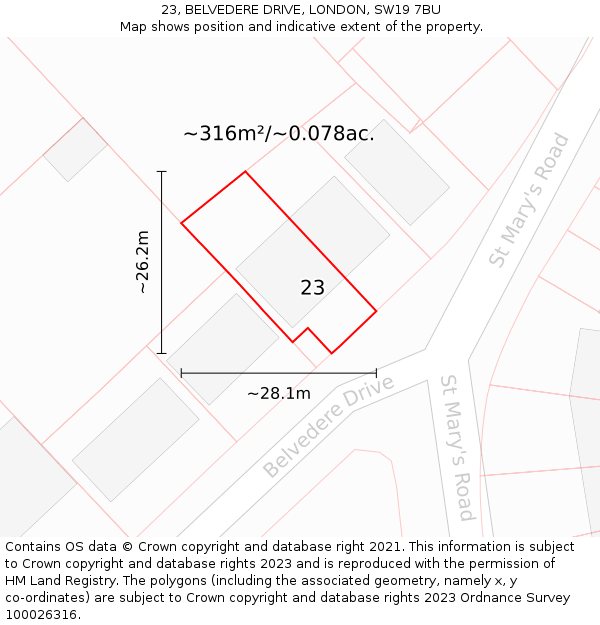 23, BELVEDERE DRIVE, LONDON, SW19 7BU: Plot and title map