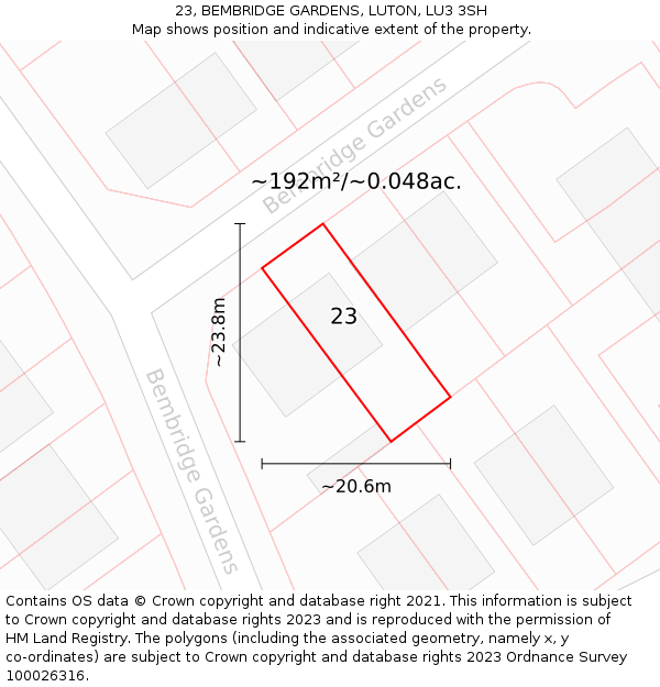 23, BEMBRIDGE GARDENS, LUTON, LU3 3SH: Plot and title map